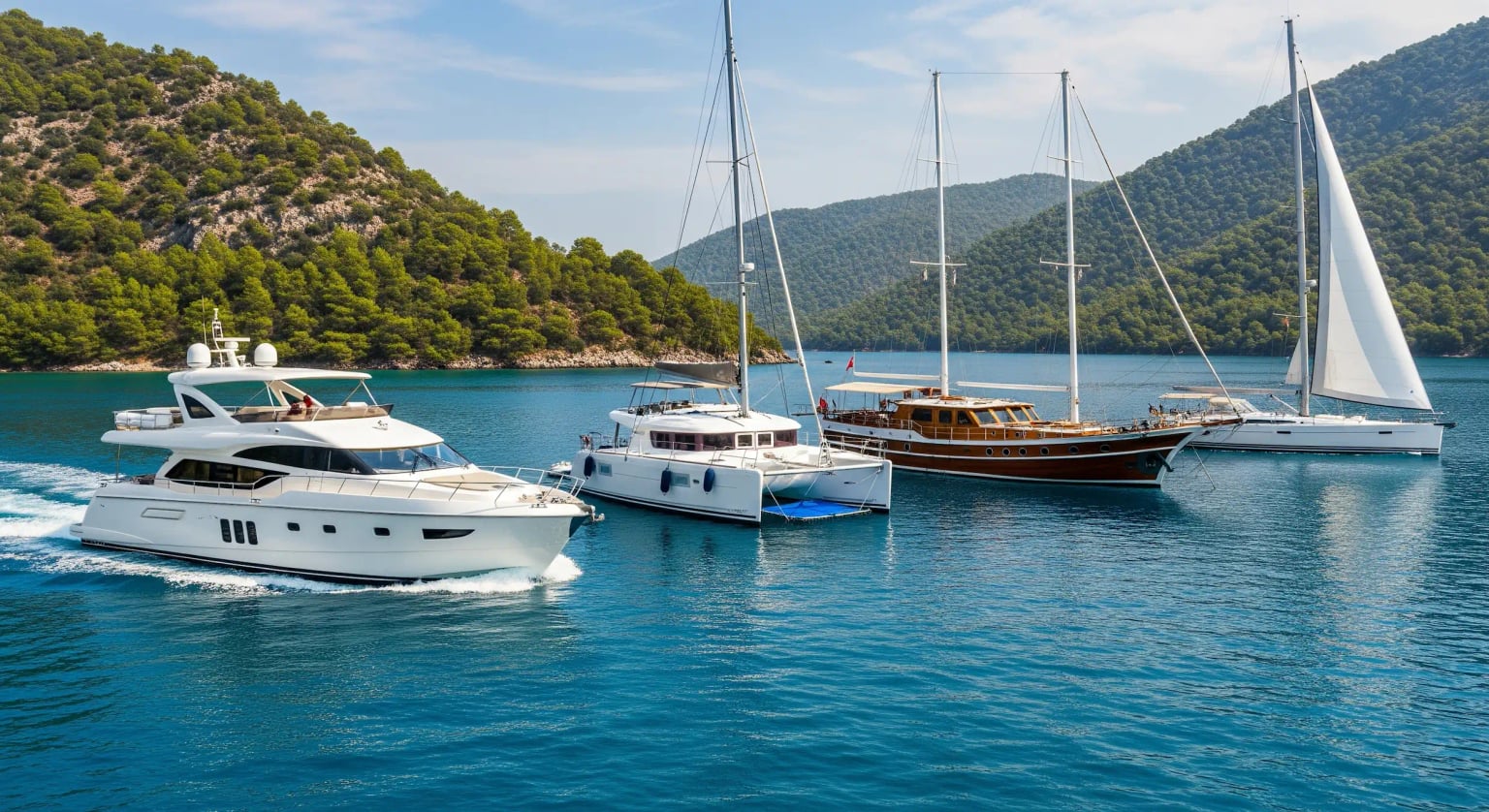 Türkiye'de sakin bir koyda çeşitli kiralık tekneler.