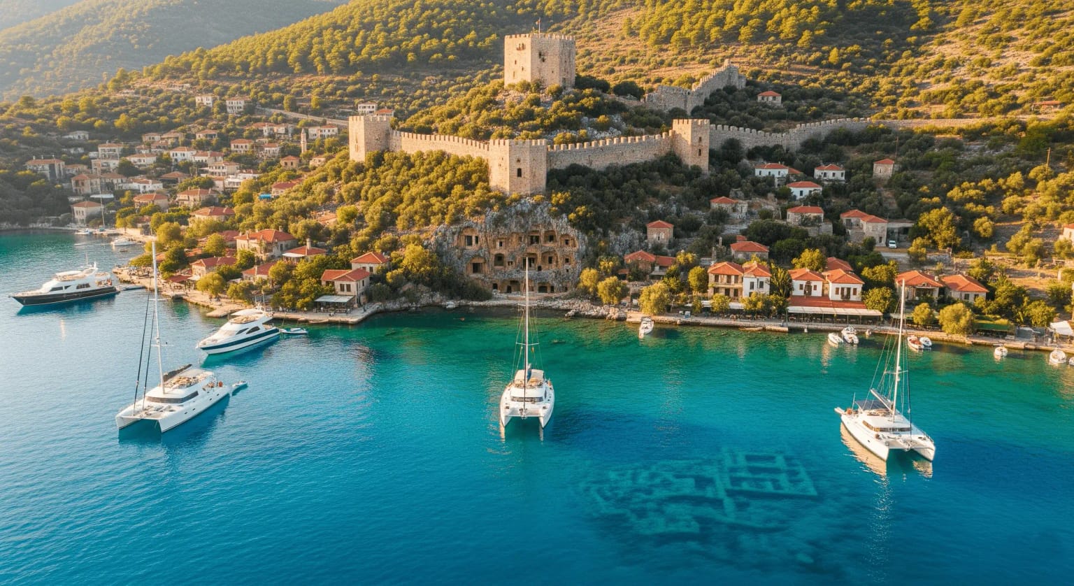 Charteryachten und ein Katamaran, die in der Nähe der versunkenen Stadtruinen in Kaş-Kekova vor Anker liegen.