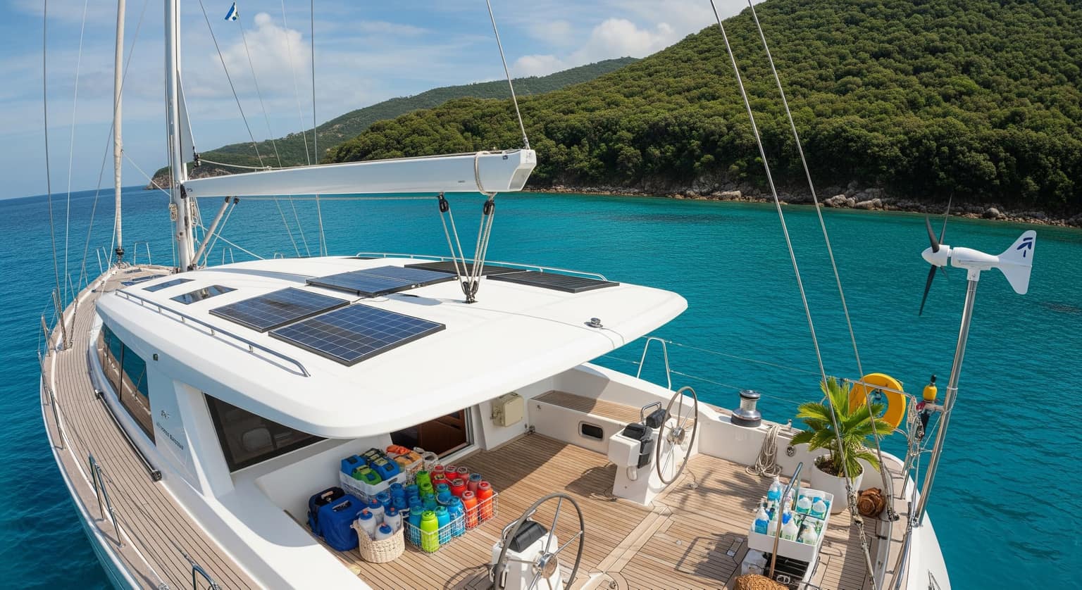 Eine luxuriöse Segelyacht mit umweltfreundlicher Ausstattung wie Sonnenkollektoren und einer Windkraftanlage, die in einer ruhigen türkisfarbenen Bucht vor Anker liegt.