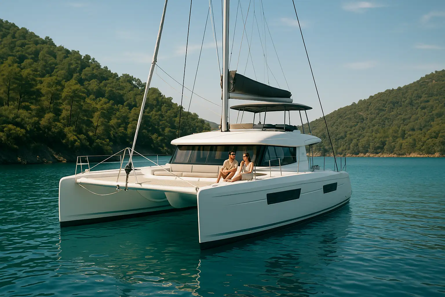A modern catamaran with a couple relaxing on it, anchored in a turquoise bay in Turkey.