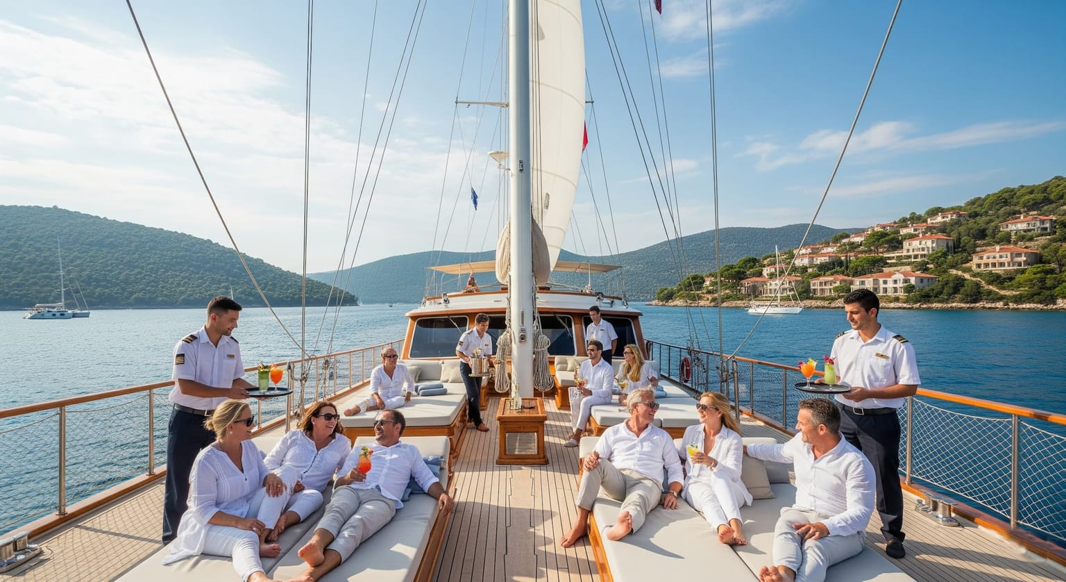 Crew serving guests on a luxury yacht.