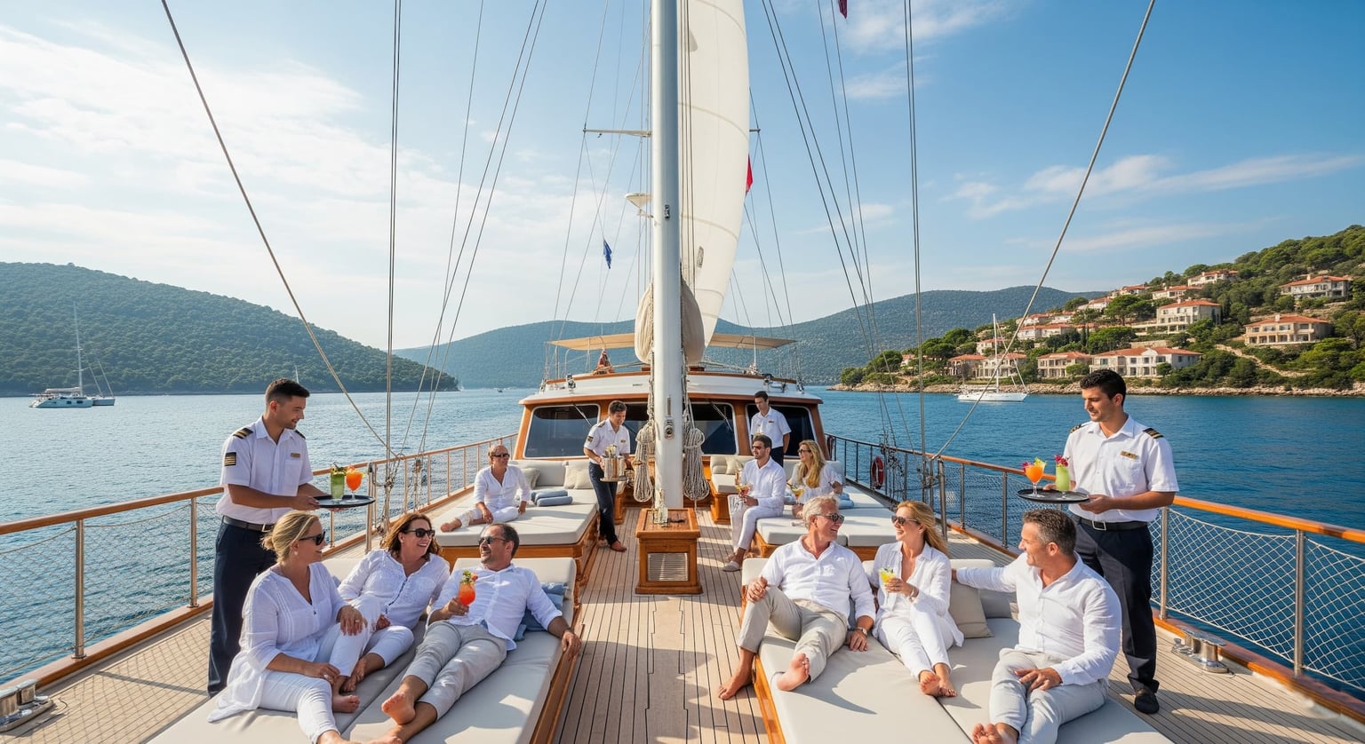 Crew serving guests on a luxury yacht.